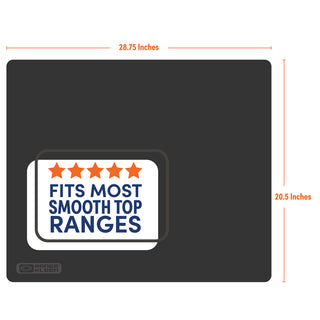 Black cooktop cover with text and star rating on a white background showing measurements of 28.75 x 20.5-inches