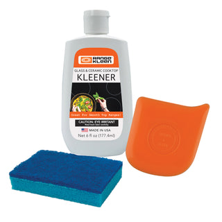 Range Kleen glass and ceramic cooktop cleaner with Scrape & Kleen and sponge on a white background