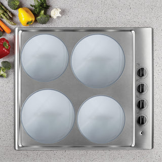 4 silver burner covers shown in use on stovetop