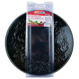 4 pieces ivy embossed decorative burner covers in black colored metal shown in packaging on white background