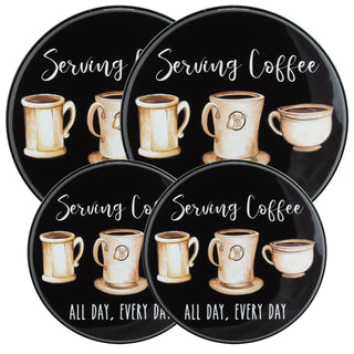 4 pack 2 small and 2 large serving coffee all day every day words on black with 3 tan coffee cups  burner covers