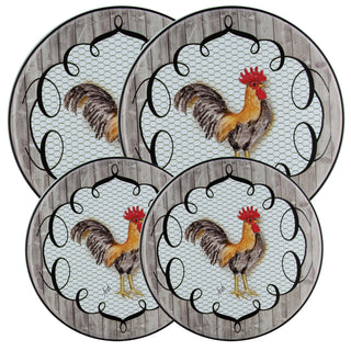4 pack 2 small and 2 large rooster on chicken wire background with swirled black frame on brown weathered background burner covers