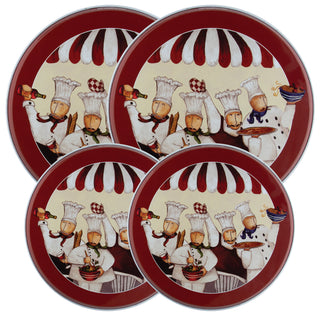 4 pack 2 small and 2 large awning in red and white with four portly chefs and red border burner covers