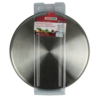Stainless steel burner covers with Range Kleen packaging on a white background