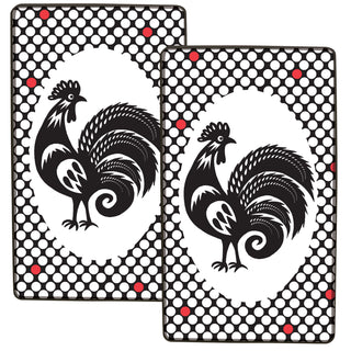 2 rectangle burner covers for gas stove with black and white dotted pattern and rooster in center. Red accents.