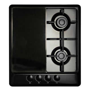1 black rectangle burner cover shown in use on a black gas stove