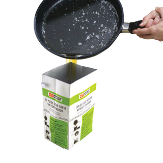 Person holding a black frying pan over a Fat Trapper System Bag