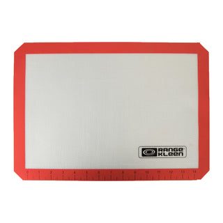 half sheet silicone baking mat with red trim on white background