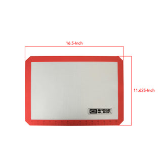 Silicone baking mat with dimensions of 16.5 x 11.625-inches and Range Kleen logo on a white background