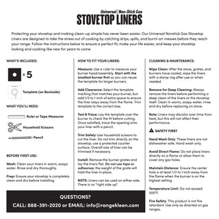 Instruction sheet for Universal Non-Stick Stovetop Liners, showing included items, how to fit the liners, cleaning instructions, safety first, and contact information for questions.
