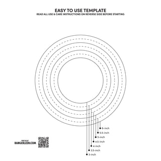 A black and white circular sizing template diagram with concentric rings, dashed inner guides, and a labeled size key on the right showing 3-inch through 6-inch measurements. Text at the top reads 'EASY TO USE TEMPLATE' and the bottom left shows RANGKLEEN.