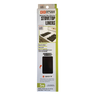 A tall, narrow retail package for Range Kleen universal non-stick gas stove top liners, shown against a plain white background. 
