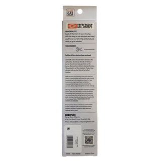 The back of a Range Kleen universal gas stovetop liners, showing product instructions, barcode, and company contact details on a white background.