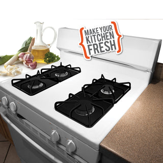 White gas stove demonstrating the use of the nonstick gas stovetop liners in place with message to "make your kitchen fresh"