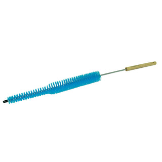 Blue bristle appliance brush with wooden handle on white background.