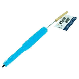 Blue bristle appliance brush with wooden handle and hang tag packaging on handle on white background.