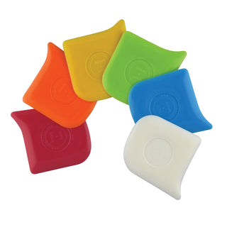6 pack of colorful scrapers for cleaning around the house on white background
