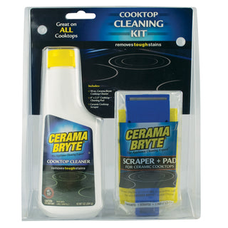 Cerama Bryte cooktop cleaning kit packaging with cleaner and scraper on a white background