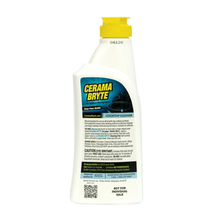back label of Cerama Bryte cooktop cleaner bottle with yellow cap on a white background