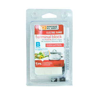 Style B GE Hotpoint Kenmore, RCA terminal block for plug-in element electric stoves in packaging on white background