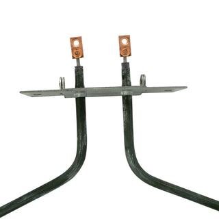 Metal heating element with two copper connectors on a white background
