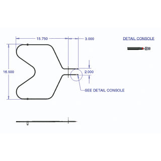 Technical drawing of a console with measurements and labels on a white background