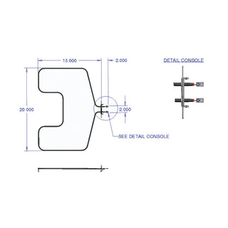 Technical drawing of a console with dimensions and details on a white background