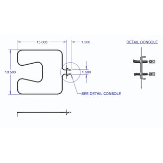 Technical drawing of a heating element with dimensions and labels on a white background