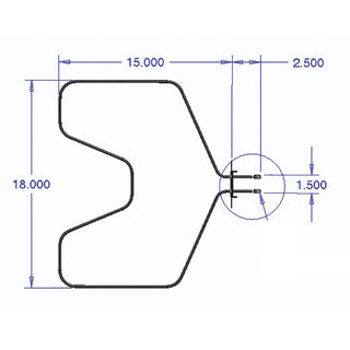 Technical drawing of a heating element with dimensions