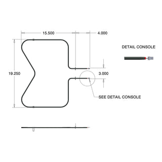Technical drawing of a console with dimensions and labels on a white background