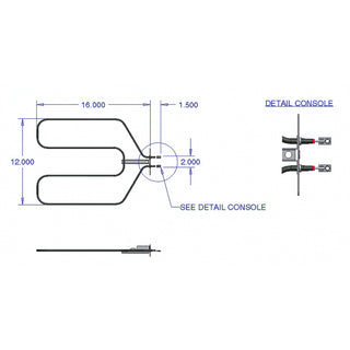 Technical drawing of a heating element with dimensions and labels on a white background