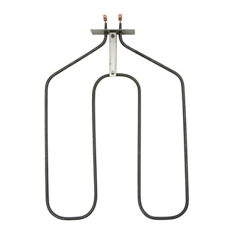 Metal heating element with black wires on a white background