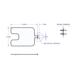 Technical drawing of a console with dimensions and labels on a white background