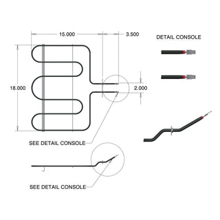 Technical drawing of a heating element with dimensions and labels on a white background