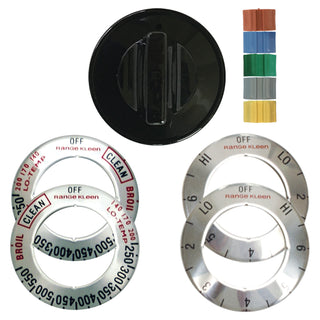 universal black knob kit for electric stoves with one knob, 4 chrome overlays and 5 adapters on a white background