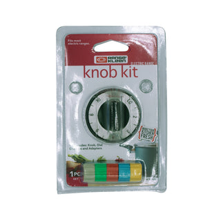 Packaged universal black knob kit for electric stoves with one knob, chrome overlay and 5 adapters on a white background