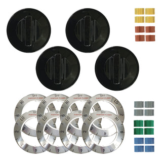 universal black knob kit for electric stoves with four knobs, 8 chrome overlays and 20 adapters on a white background