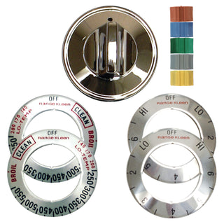 chrome replacement knob kit for electric stoves includes 1 chrome plated knob, 5 adapters, and four overlays