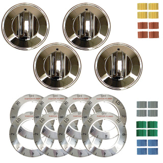 chrome replacement knob kit for electric stoves includes 4 chrome plated knobs, 20 adapters, and eight overlays