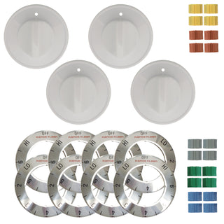 white replacement knob kit for electric stoves includes 4 white knob, 20 adapters, and eight overlays