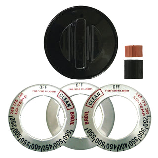 1 knob set universal knob replacement kit for gas stoves includes 1 black knob, 2 adapters and 3 overlays.