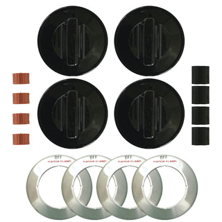 4 pack black knob kit showing 4 knobs, 8 adapters, and four "off"  chrome overlays