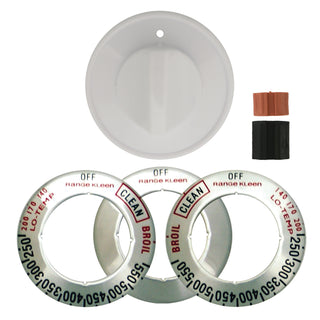 Universal replacement knob kit for gas stove showing 1 knob, 2 adaptors and three overlays.