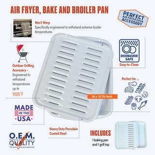 2 piece heavy duty white porcelain on steel air fryer, bake and broiler pan, perfect air fryer oven accessory, won't warp, outdoor grilling, made in the usa, dishwasher-safe, oem quality
