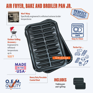 2 piece heavy duty black porcelain on steel air fryer, bake and broiler pan junior, perfect air fryer oven accessory, won't warp, outdoor grilling, made in the usa, dishwasher-safe, oem quality