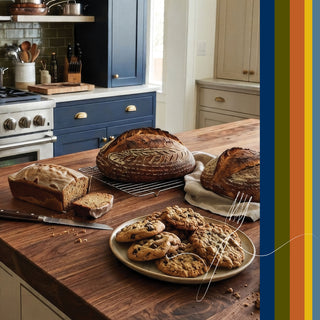 A rustic kitchen scene with three loaves of artisan bread and a plate of chocolate chip cookies on a wooden countertop. Blue and cream cabinets, a stove, and kitchen tools are visible in the background.