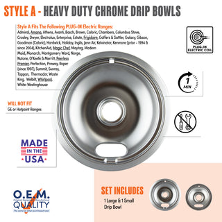 style a 2 pack 1 large and 1 small heavy duty chrome drip bowl fit list, made in usa, easy to change out, no tools required, oem quality, plug in electric coil stove types
