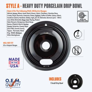 style a 1 small heavy duty porcelain drip bowl fit list, made in usa, easy to change out, no tools required, oem quality, plug in electric coil stove types