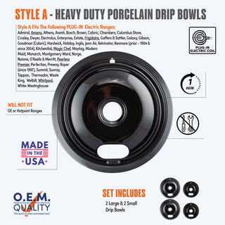 style a 4 pack 2 large and 2 small heavy duty porcelain drip bowl fit list, made in usa, easy to change out, no tools required, oem quality, plug in electric coil stove types
