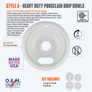 style a 4 pack 2 large and 2 small heavy duty white porcelain drip bowl fit list, made in usa, easy to change out, no tools required, oem quality, plug in electric coil stove types